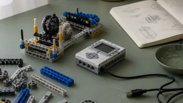 Σε γραφείο εργασίας με κατασκευή από ρομποτ lego και εργαλεία STEM
