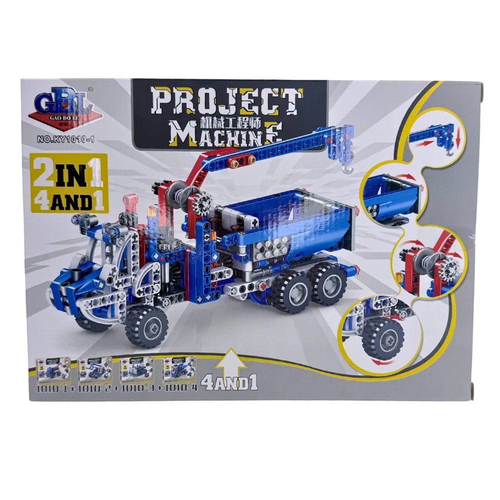 Πίσω όψη κουτιού Project Machine με το μεγάλο φορτηγό 4 σε 1 με γερανό, καρότσα και γάντζο